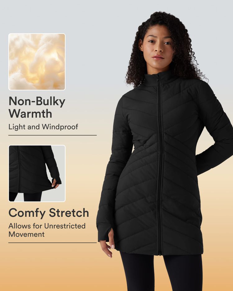 chaqueta acolchada informal ajustada y elástica con cuello alto manga larga aberturas para los pulgares dobladillo con cremallera y bolsillos.