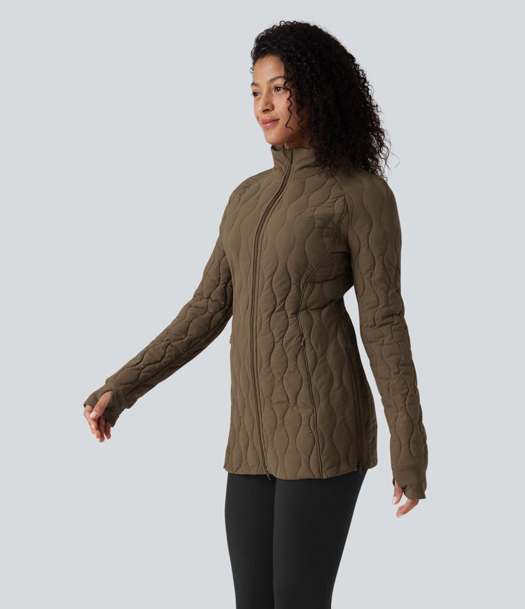 chaqueta acolchada de entrenamiento con cuello alto manga larga abertura para el pulgar cremallera y bolsillos