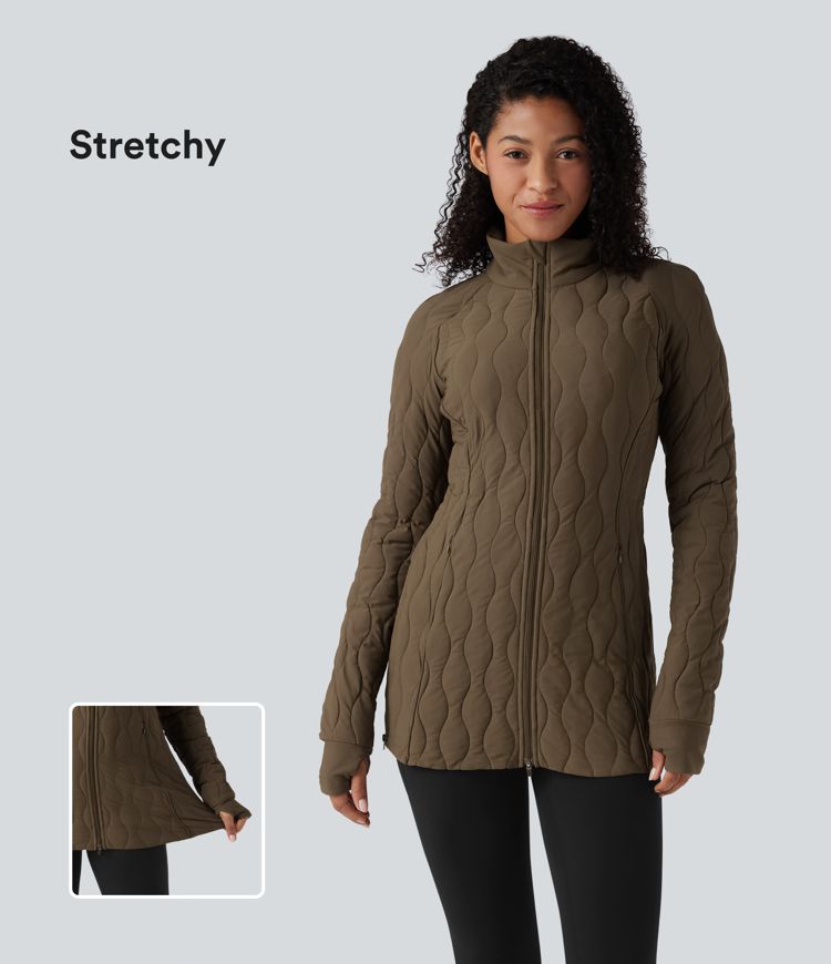 chaqueta acolchada de entrenamiento con cuello alto manga larga abertura para el pulgar cremallera y bolsillos