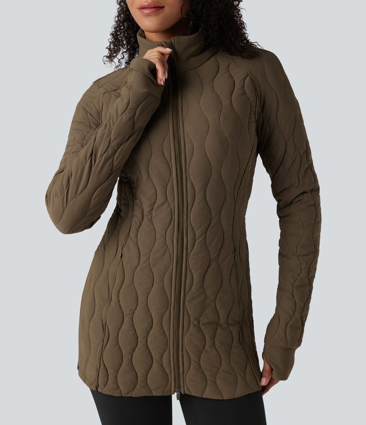 chaqueta acolchada de entrenamiento con cuello alto manga larga abertura para el pulgar cremallera y bolsillos