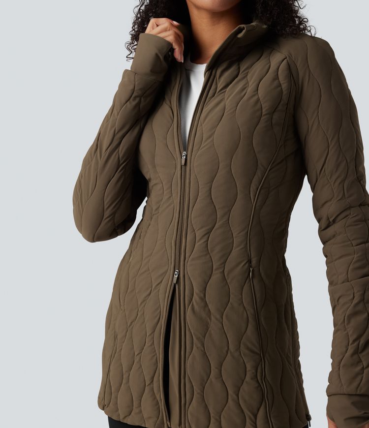 chaqueta acolchada de entrenamiento con cuello alto manga larga abertura para el pulgar cremallera y bolsillos