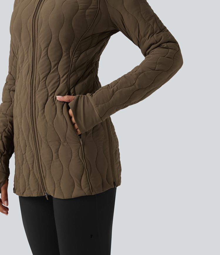 chaqueta acolchada de entrenamiento con cuello alto manga larga abertura para el pulgar cremallera y bolsillos