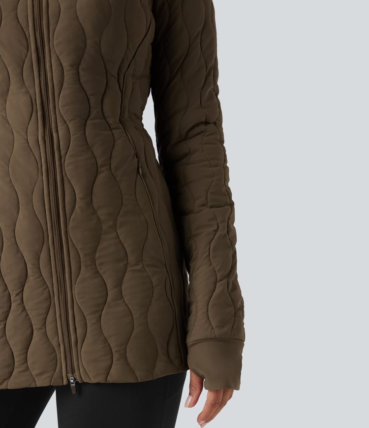 chaqueta acolchada de entrenamiento con cuello alto manga larga abertura para el pulgar cremallera y bolsillos