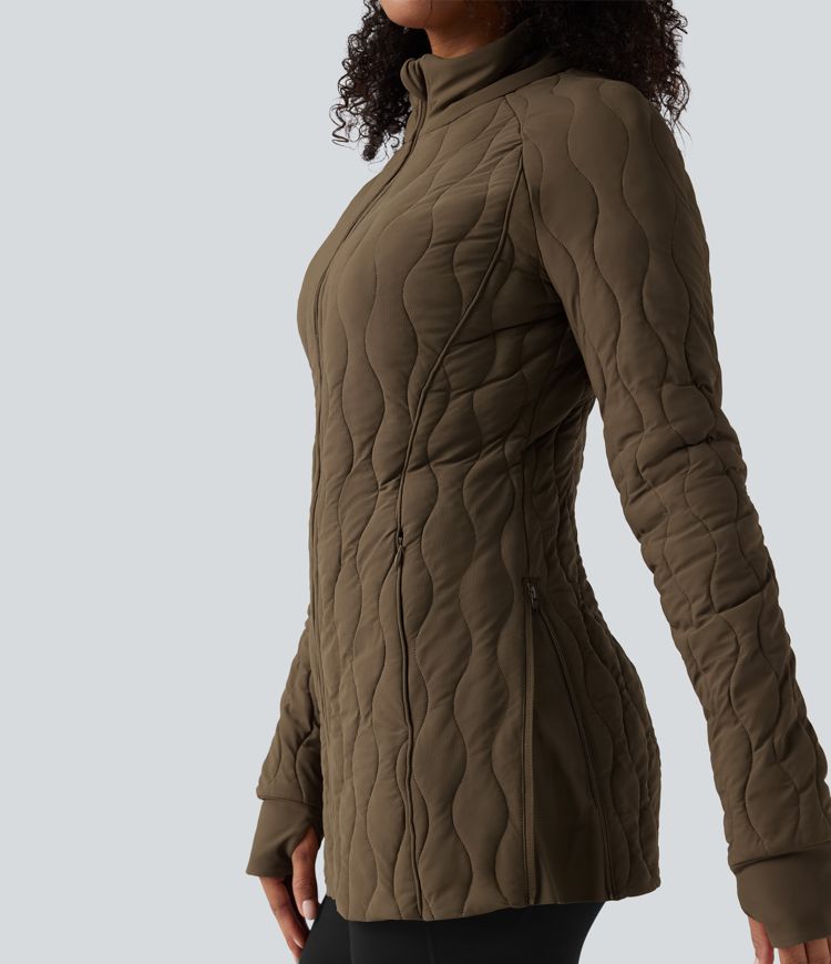 chaqueta acolchada de entrenamiento con cuello alto manga larga abertura para el pulgar cremallera y bolsillos