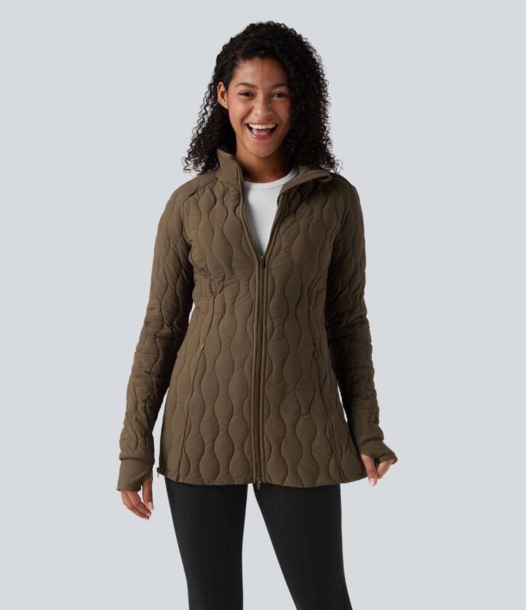 chaqueta acolchada de entrenamiento con cuello alto manga larga abertura para el pulgar cremallera y bolsillos