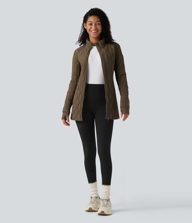 chaqueta acolchada de entrenamiento con cuello alto manga larga abertura para el pulgar cremallera y bolsillos