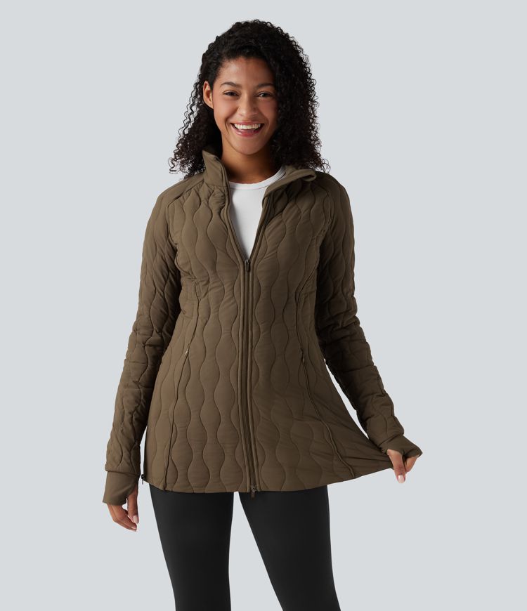 chaqueta acolchada de entrenamiento con cuello alto manga larga abertura para el pulgar cremallera y bolsillos