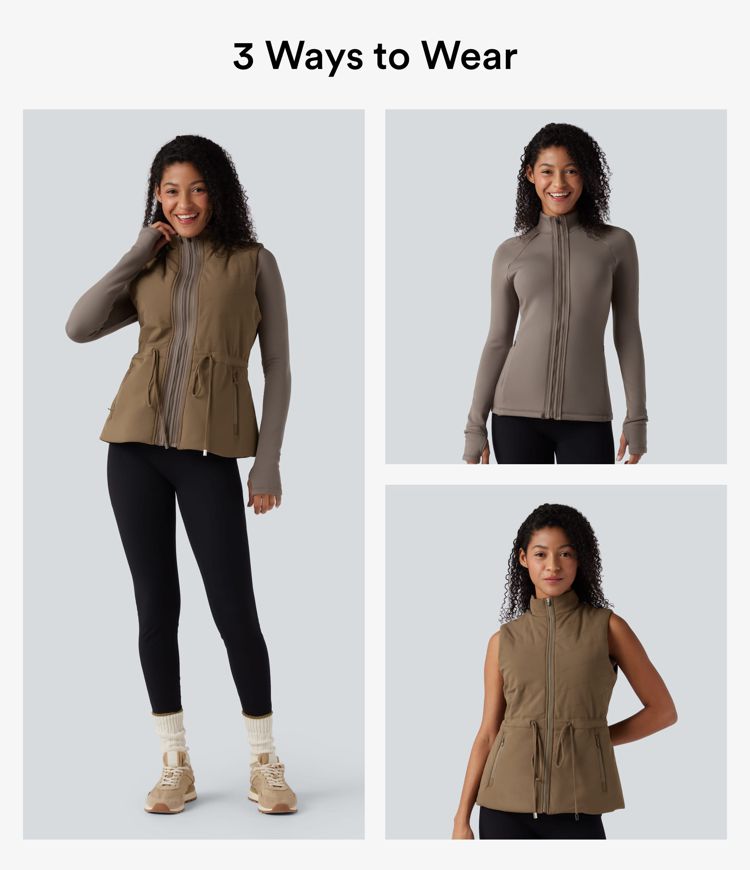 chaqueta polar 3 en 1 de cuello alto manga larga aberturas para los pulgares y chaleco acolchado con bolsillos