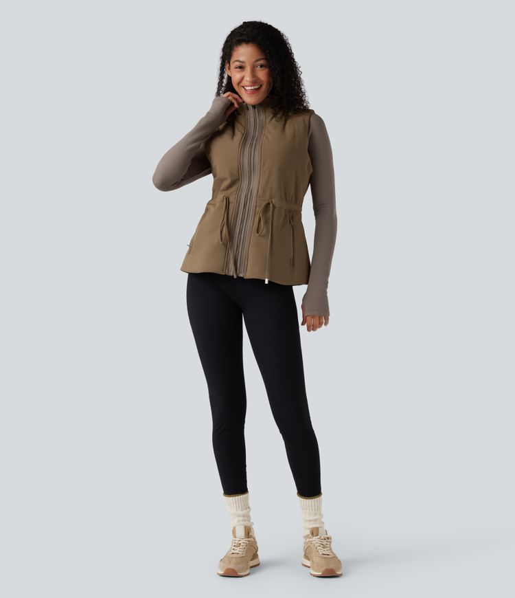 chaqueta polar 3 en 1 de cuello alto manga larga aberturas para los pulgares y chaleco acolchado con bolsillos
