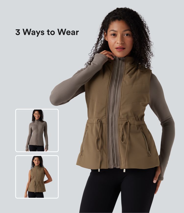chaqueta polar 3 en 1 de cuello alto manga larga aberturas para los pulgares y chaleco acolchado con bolsillos