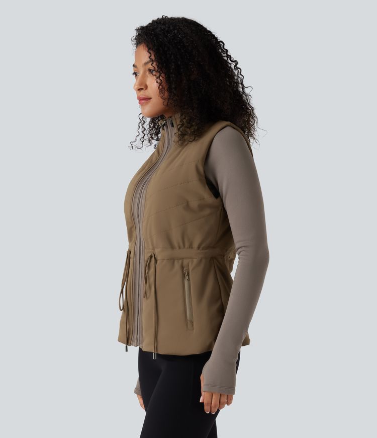 chaqueta polar 3 en 1 de cuello alto manga larga aberturas para los pulgares y chaleco acolchado con bolsillos