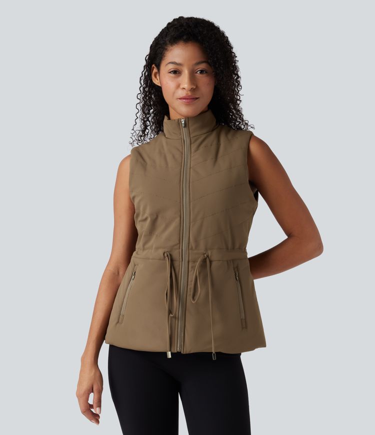 chaqueta polar 3 en 1 de cuello alto manga larga aberturas para los pulgares y chaleco acolchado con bolsillos