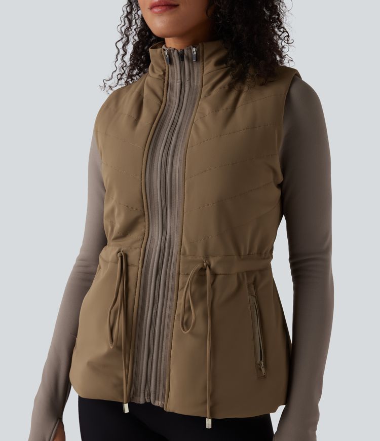 chaqueta polar 3 en 1 de cuello alto manga larga aberturas para los pulgares y chaleco acolchado con bolsillos