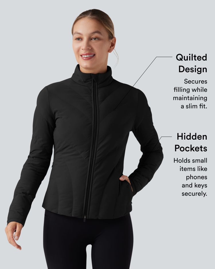 chaqueta acolchada informal elástica de manga larga con cuello alto y bolsillos puffflex