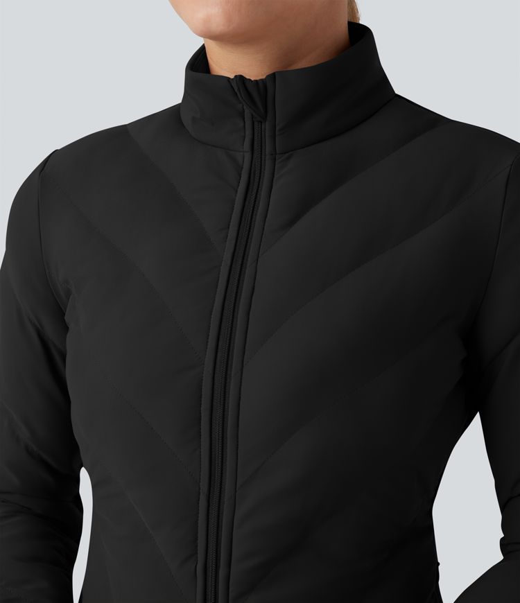 chaqueta acolchada informal elástica de manga larga con cuello alto y bolsillos puffflex