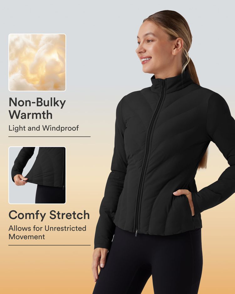 chaqueta acolchada informal elástica de manga larga con cuello alto y bolsillos puffflex