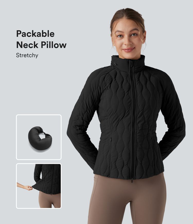 chaqueta deportiva puffflex de cuello alto elástica acolchada con aberturas para los pulgares y bolsillos con almohada para el cuello plegable.