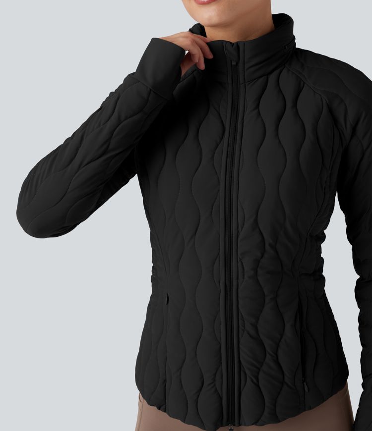 chaqueta deportiva puffflex de cuello alto elástica acolchada con aberturas para los pulgares y bolsillos con almohada para el cuello plegable.