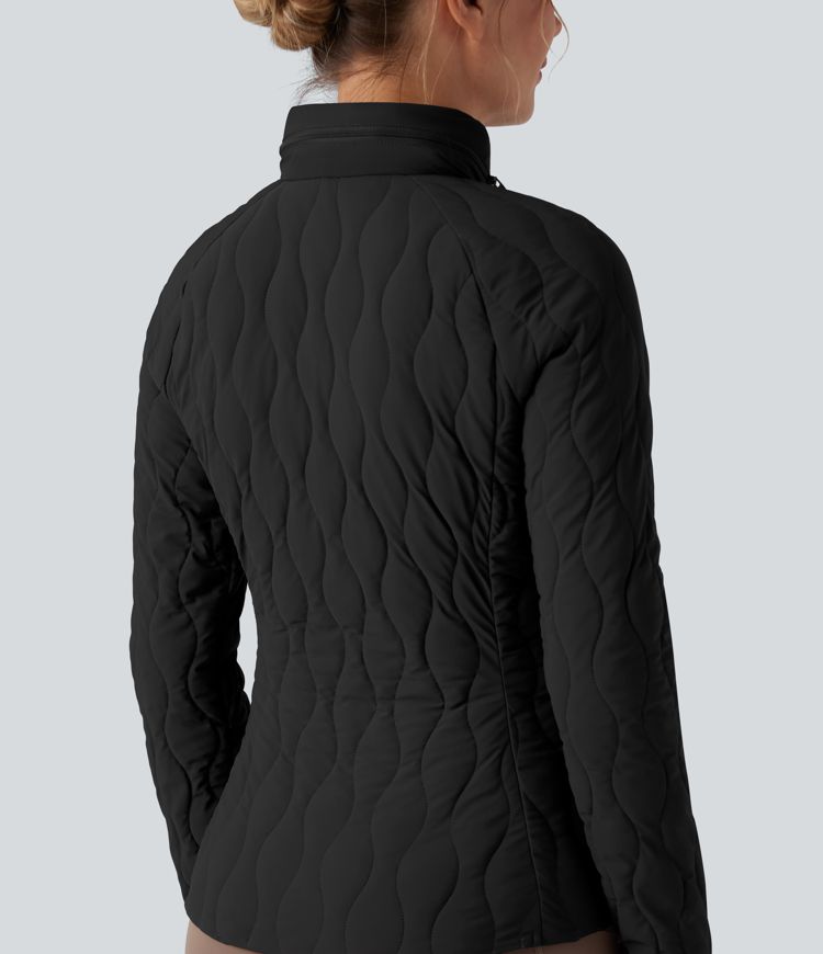 chaqueta deportiva puffflex de cuello alto elástica acolchada con aberturas para los pulgares y bolsillos con almohada para el cuello plegable.