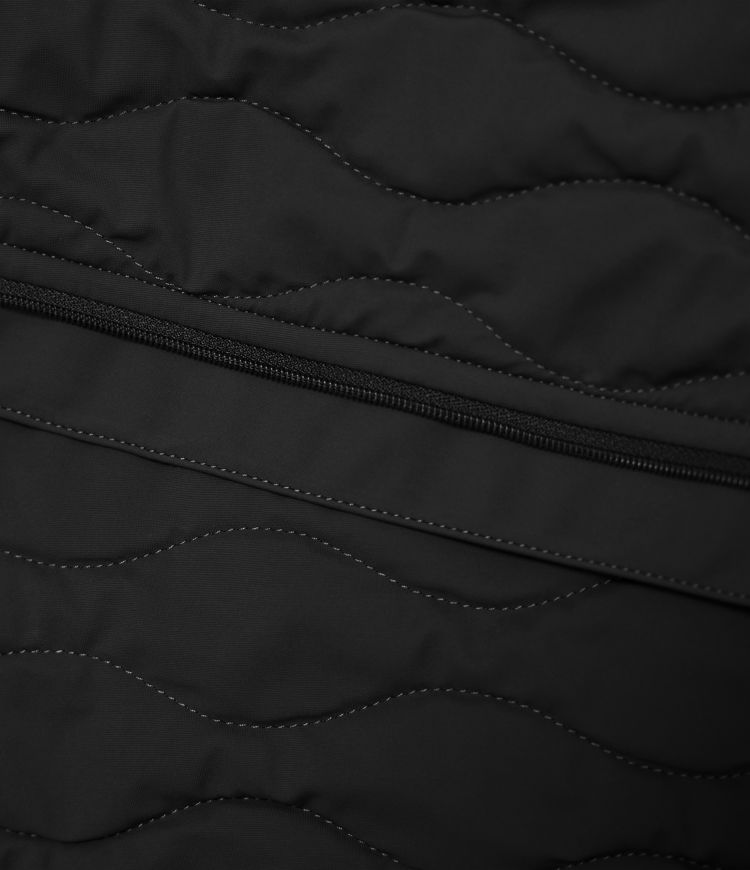 chaqueta deportiva puffflex de cuello alto elástica acolchada con aberturas para los pulgares y bolsillos con almohada para el cuello plegable.