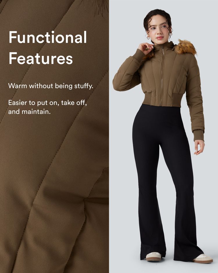 chaqueta acolchada informal de manga larga con capucha y ribete de piel sintética extraíble puffflex