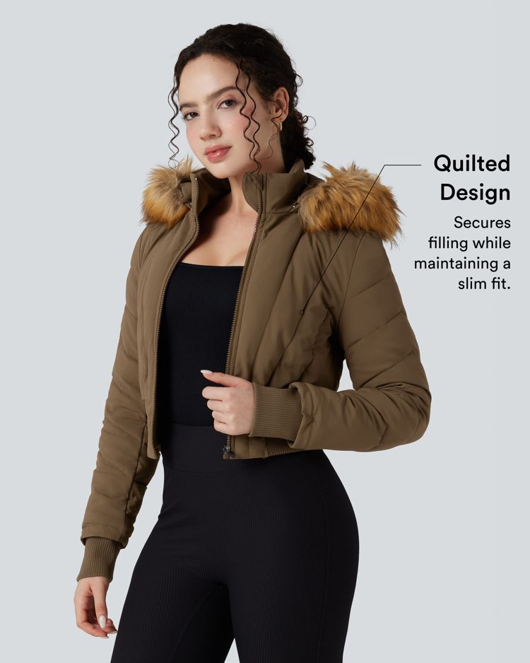 chaqueta acolchada informal de manga larga con capucha y ribete de piel sintética extraíble puffflex