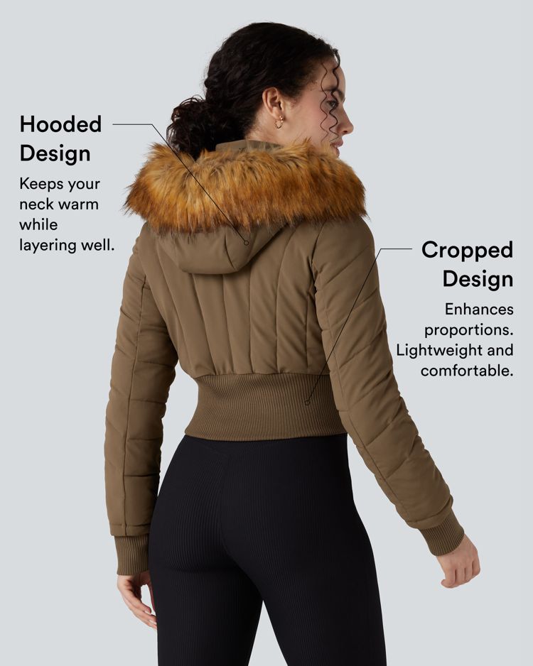 chaqueta acolchada informal de manga larga con capucha y ribete de piel sintética extraíble puffflex