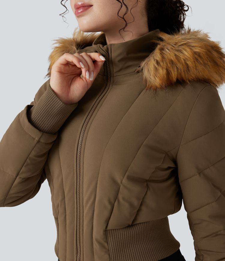 chaqueta acolchada informal de manga larga con capucha y ribete de piel sintética extraíble puffflex