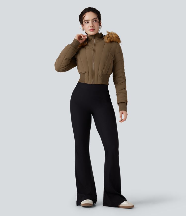 chaqueta acolchada informal de manga larga con capucha y ribete de piel sintética extraíble puffflex