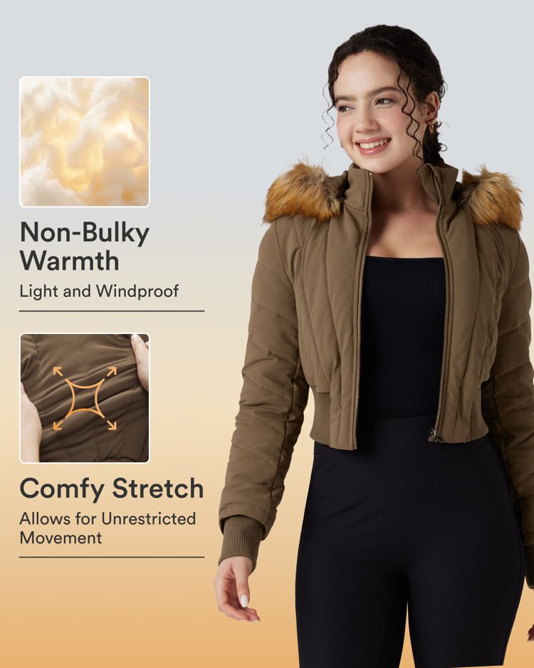 chaqueta acolchada informal de manga larga con capucha y ribete de piel sintética extraíble puffflex